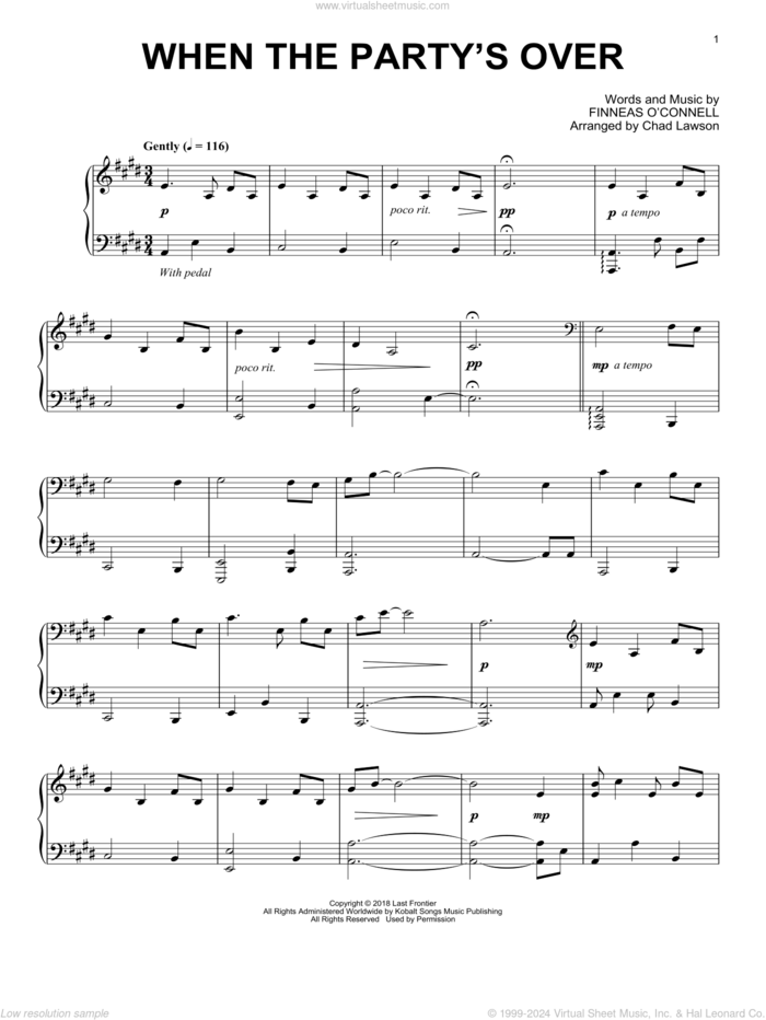 when the party's over (arr. Chad Lawson) sheet music for piano solo by Billie Eilish and Chad Lawson, intermediate skill level