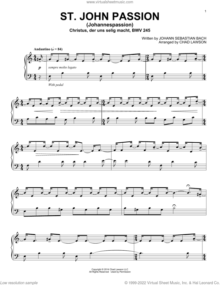 St. John Passion (Johannespassion) Christus Der Uns Selig Macht, BWV 245 (arr. Chad Lawson) sheet music for piano solo by Johann Sebastian Bach and Chad Lawson, intermediate skill level