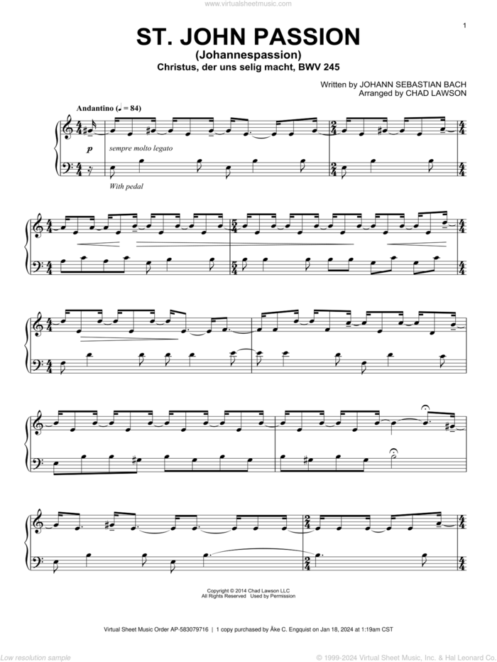 St. John Passion (Johannespassion) Christus Der Uns Selig Macht, BWV 245 (arr. Chad Lawson) sheet music for piano solo by Johann Sebastian Bach and Chad Lawson, intermediate skill level