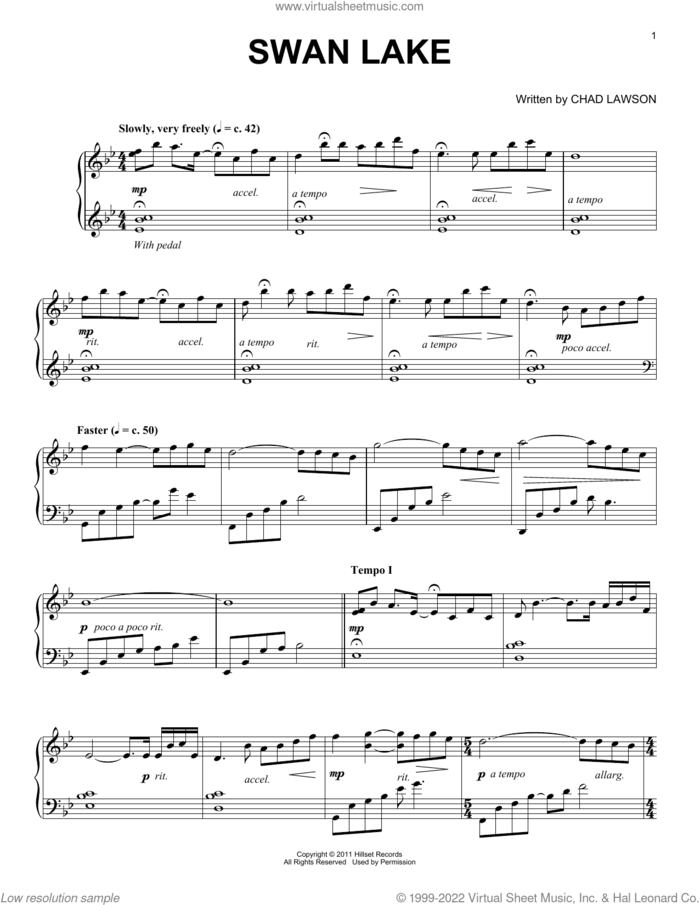 Swan Lake sheet music for piano solo by Chad Lawson, intermediate skill level