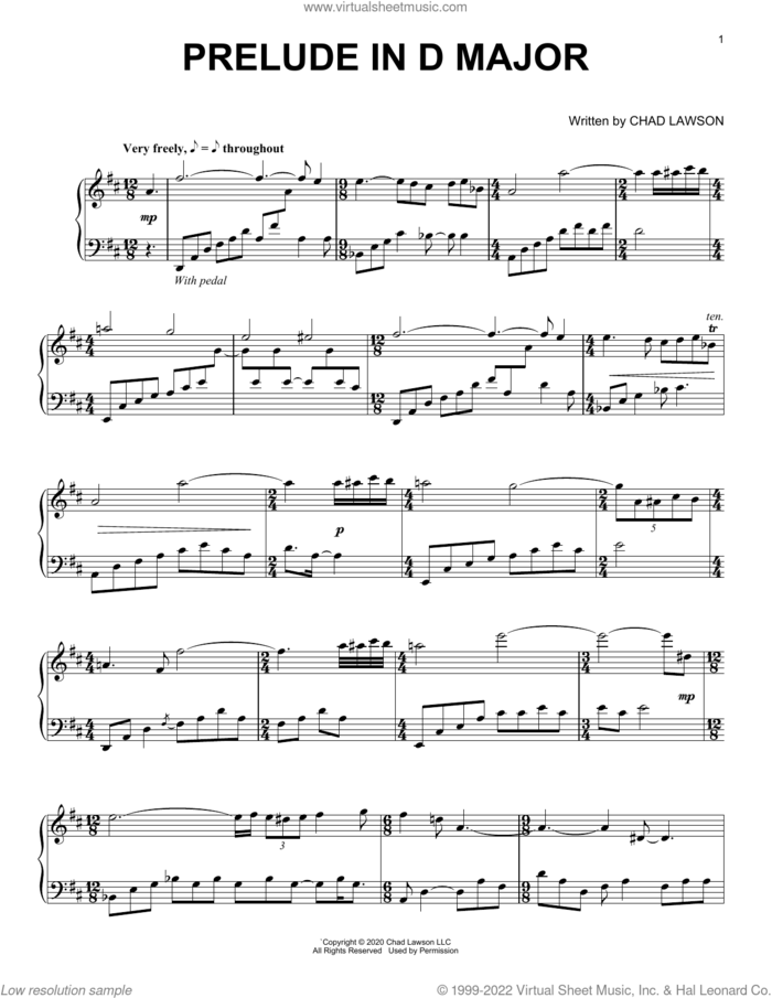 Prelude In D Major sheet music for piano solo by Chad Lawson, intermediate skill level
