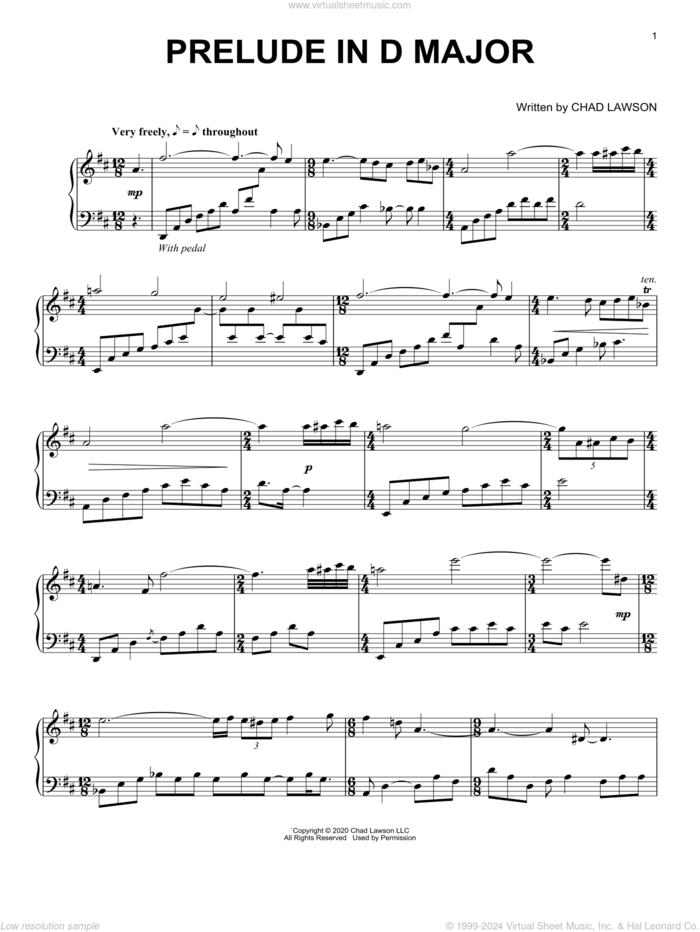 Prelude In D Major sheet music for piano solo by Chad Lawson, intermediate skill level