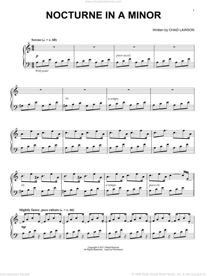 Nocturne In A Minor, (intermediate) sheet music for piano solo by Chad Lawson, intermediate skill level
