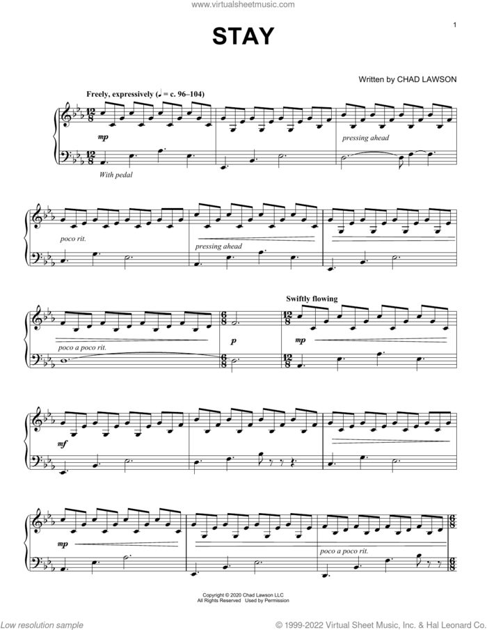 Stay sheet music for piano solo by Chad Lawson, intermediate skill level