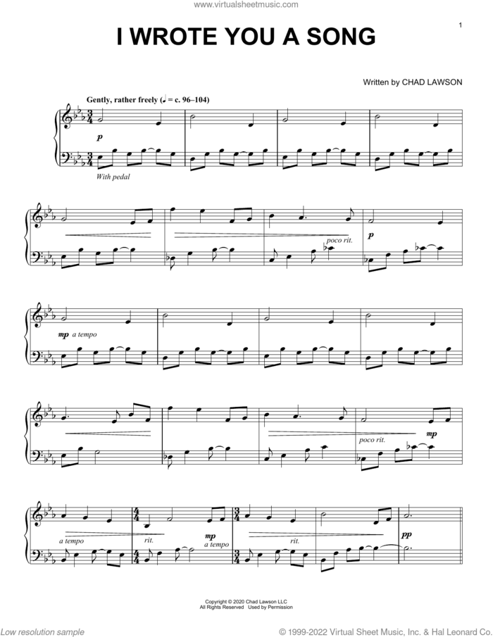 I Wrote You A Song sheet music for piano solo by Chad Lawson, intermediate skill level
