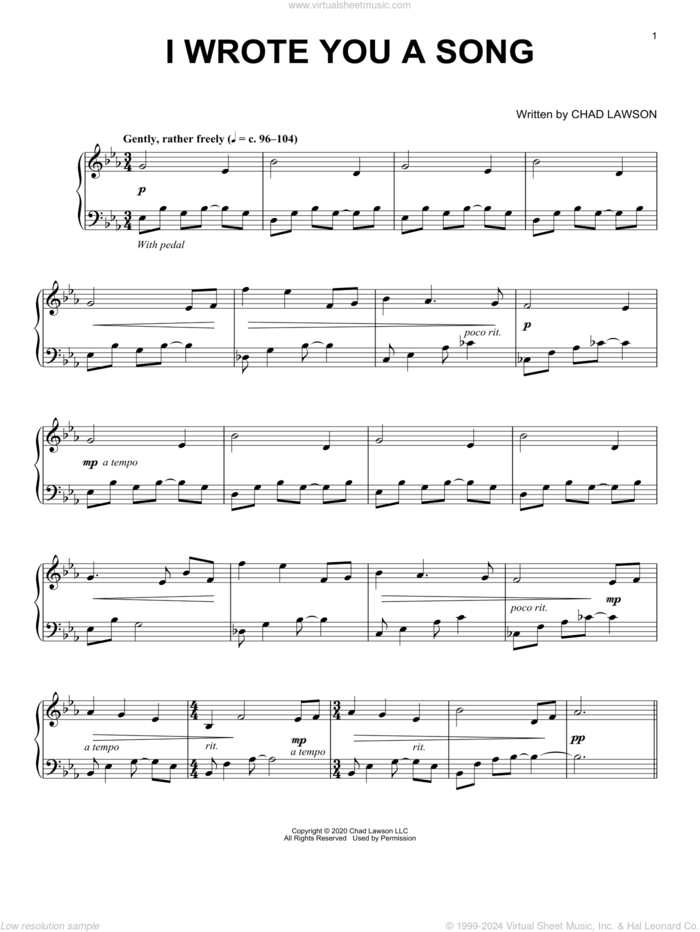 I Wrote You A Song sheet music for piano solo by Chad Lawson, intermediate skill level