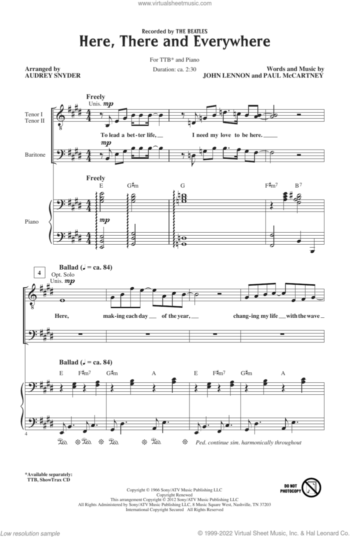 Here, There And Everywhere (arr. Audrey Snyder) sheet music for choir (TTB: tenor, bass) by The Beatles, Audrey Snyder, John Lennon and Paul McCartney, intermediate skill level