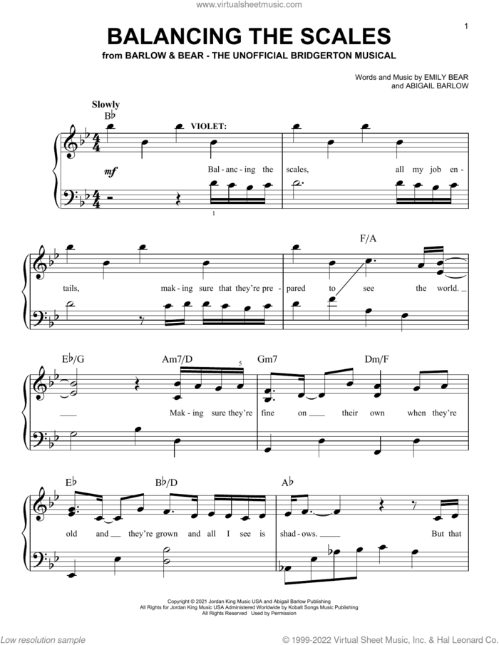 Balancing The Scales (from The Unofficial Bridgerton Musical) sheet music for piano solo by Barlow & Bear, Abigail Barlow and Emily Bear, easy skill level