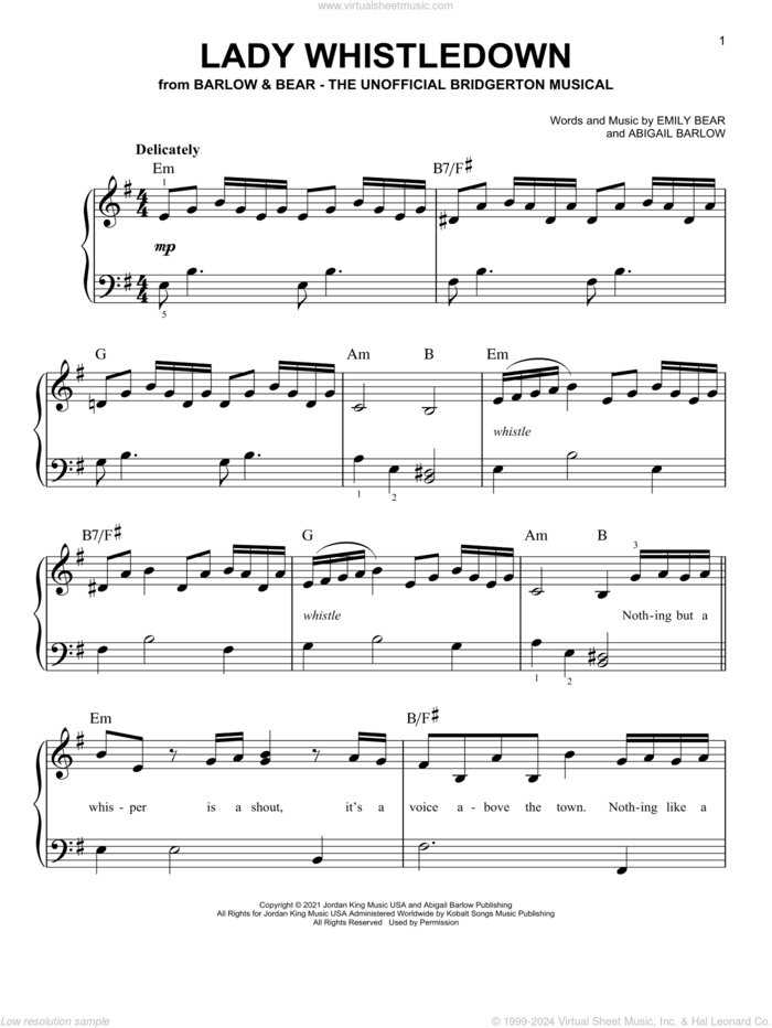 Lady Whistledown (from The Unofficial Bridgerton Musical) sheet music for piano solo by Barlow & Bear, Abigail Barlow and Emily Bear, easy skill level