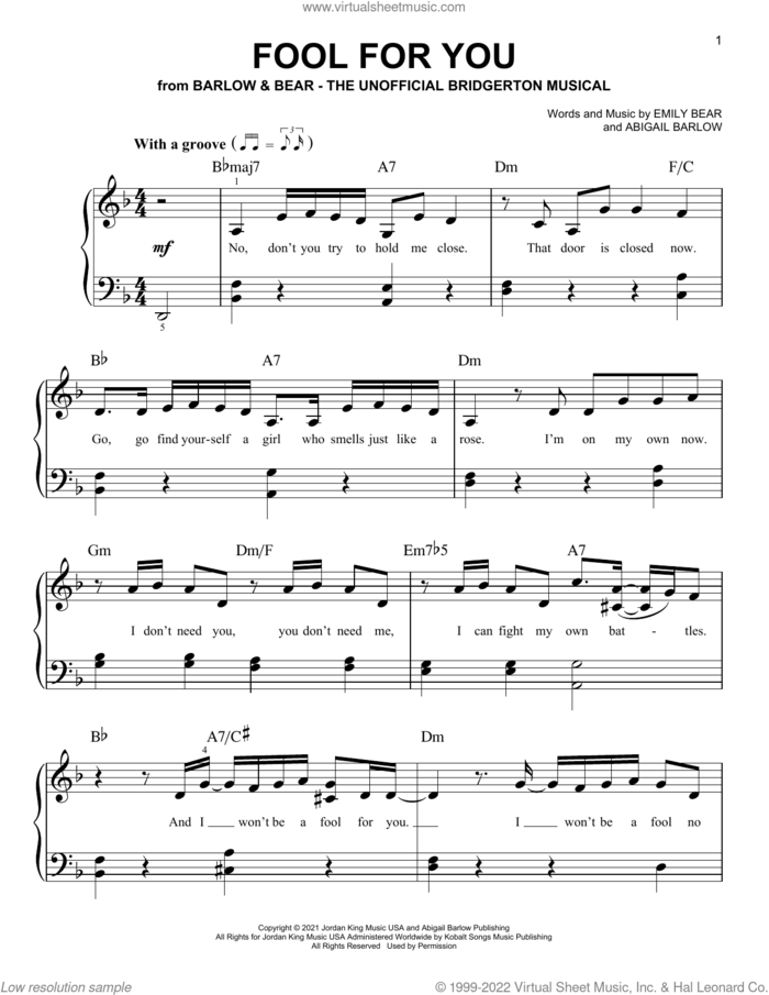 Fool For You (from The Unofficial Bridgerton Musical) sheet music for piano solo by Barlow & Bear, Abigail Barlow and Emily Bear, easy skill level