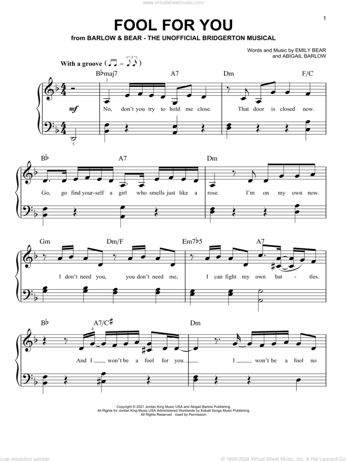 Fool For You (from The Unofficial Bridgerton Musical) sheet music for piano solo by Barlow & Bear, Abigail Barlow and Emily Bear, easy skill level