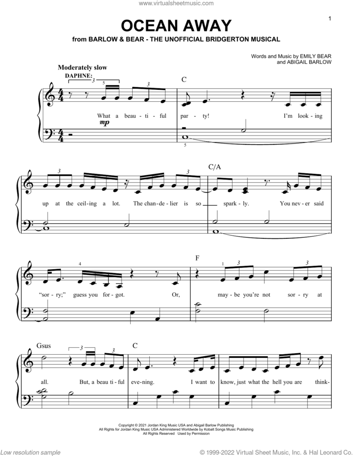 Ocean Away (from The Unofficial Bridgerton Musical) sheet music for piano solo by Barlow & Bear, Abigail Barlow and Emily Bear, easy skill level