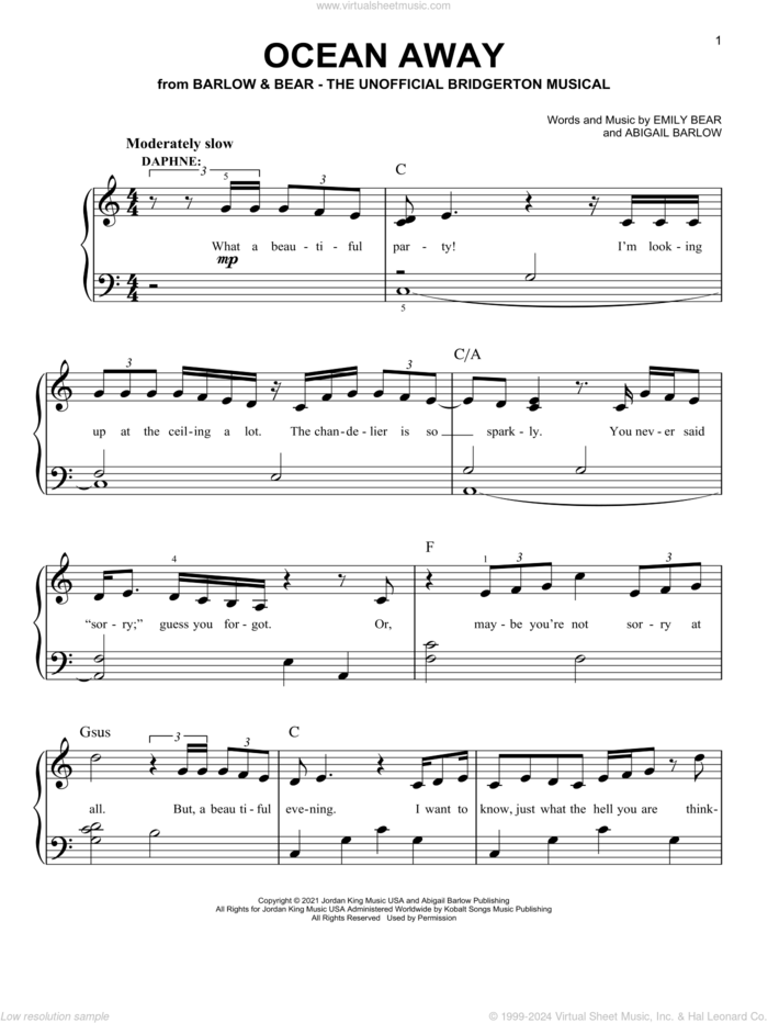 Ocean Away (from The Unofficial Bridgerton Musical) sheet music for piano solo by Barlow & Bear, Abigail Barlow and Emily Bear, easy skill level