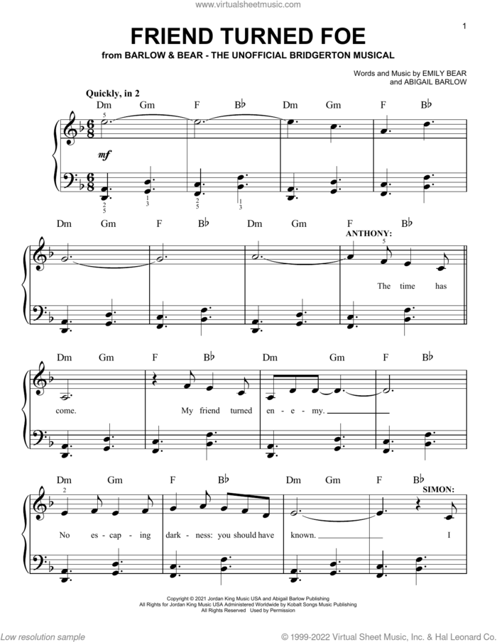 Friend Turned Foe (from The Unofficial Bridgerton Musical) sheet music for piano solo by Barlow & Bear, Abigail Barlow and Emily Bear, easy skill level