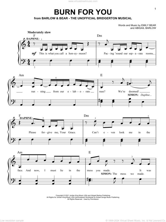 Burn For You (from The Unofficial Bridgerton Musical) sheet music for piano solo by Barlow & Bear, Abigail Barlow and Emily Bear, easy skill level