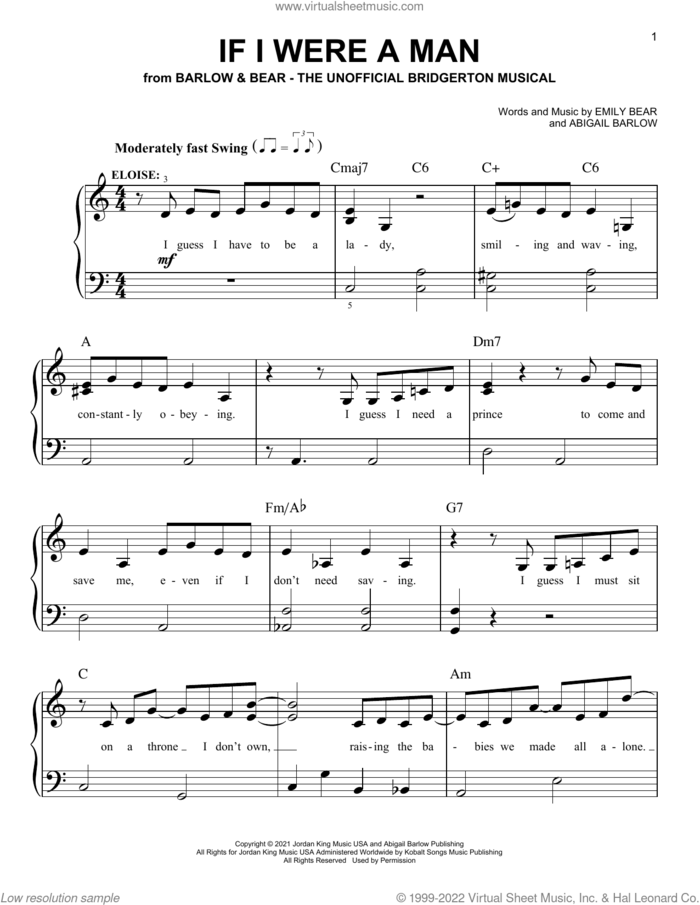 If I Were A Man (from The Unofficial Bridgerton Musical) sheet music for piano solo by Barlow & Bear, Abigail Barlow and Emily Bear, easy skill level