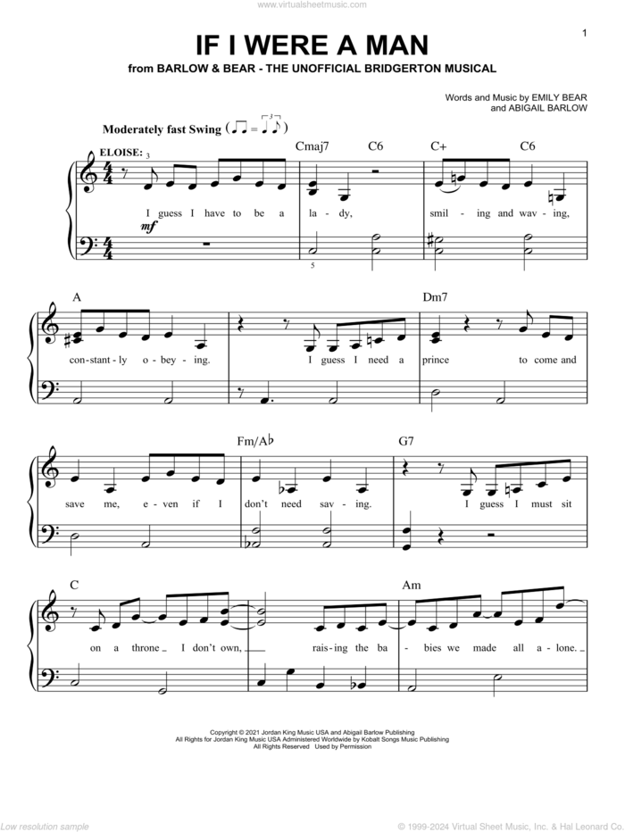 If I Were A Man (from The Unofficial Bridgerton Musical) sheet music for piano solo by Barlow & Bear, Abigail Barlow and Emily Bear, easy skill level