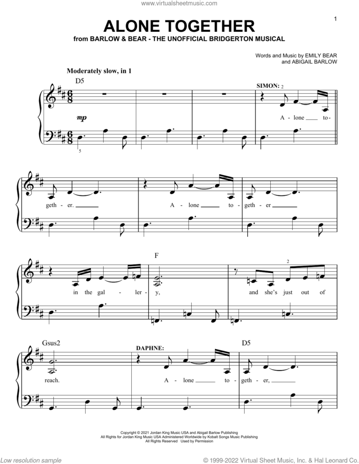 Alone Together (from The Unofficial Bridgerton Musical) sheet music for piano solo by Barlow & Bear, Abigail Barlow and Emily Bear, easy skill level