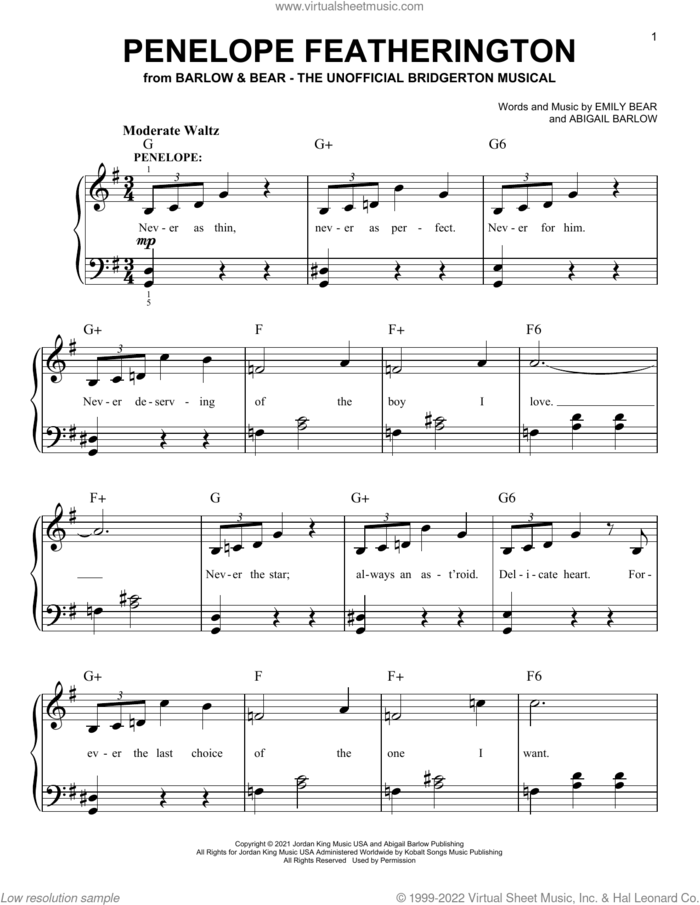 Penelope Featherington (from The Unofficial Bridgerton Musical) sheet music for piano solo by Barlow & Bear, Abigail Barlow and Emily Bear, easy skill level