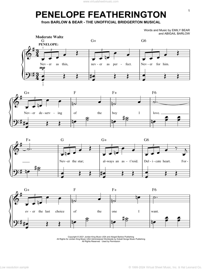 Penelope Featherington (from The Unofficial Bridgerton Musical) sheet music for piano solo by Barlow & Bear, Abigail Barlow and Emily Bear, easy skill level