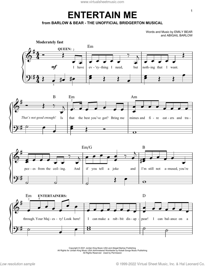 Entertain Me (from The Unofficial Bridgerton Musical) sheet music for piano solo by Barlow & Bear, Abigail Barlow and Emily Bear, easy skill level