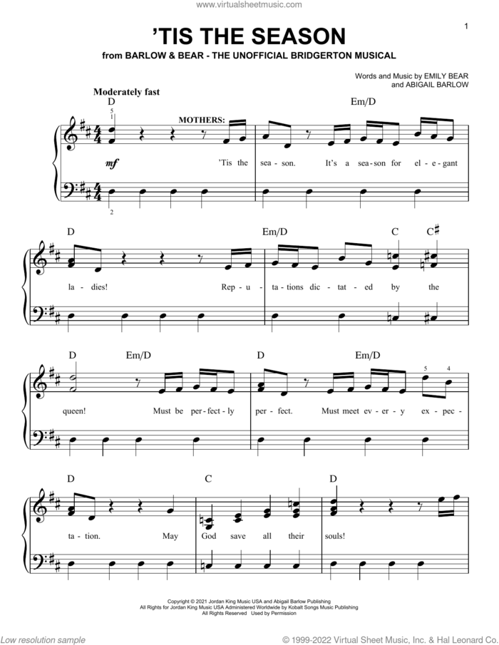 Tis The Season (from The Unofficial Bridgerton Musical) sheet music for piano solo by Barlow & Bear, Abigail Barlow and Emily Bear, easy skill level