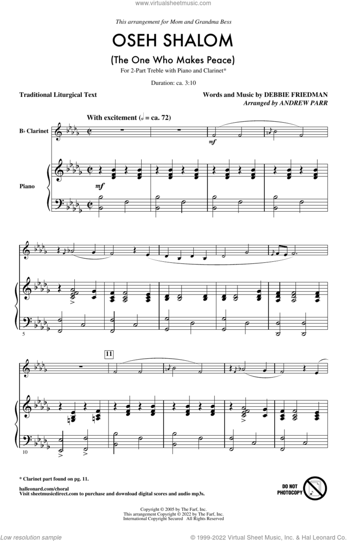 Oseh Shalom (The One Who Makes Peace) (arr. Andrew Parr) sheet music for choir (2-Part) by Debbie Friedman and Andrew Parr, intermediate duet