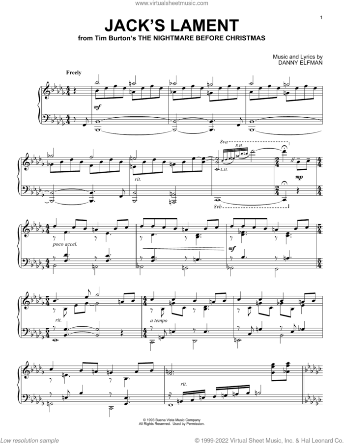Jack's Lament (from The Nightmare Before Christmas) sheet music for piano solo by Danny Elfman, intermediate skill level