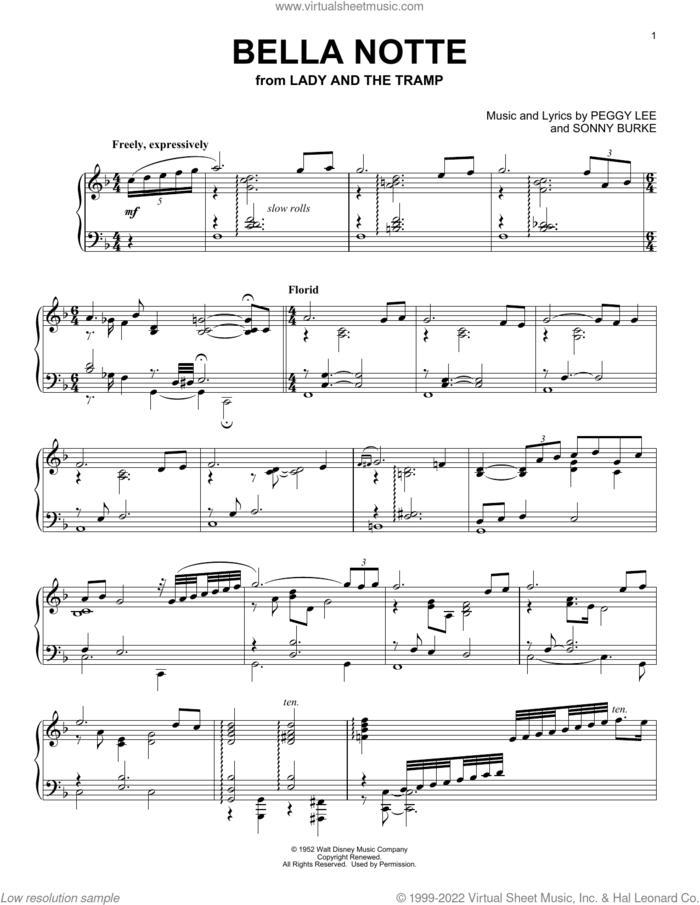 Bella Notte (This Is The Night) (from Lady And The Tramp), (intermediate) sheet music for piano solo by Peggy Lee and Sonny Burke, intermediate skill level