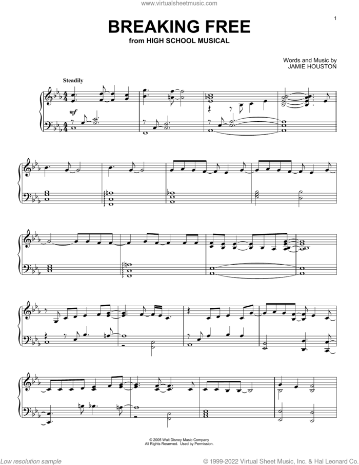 Breaking Free (from High School Musical), (intermediate) sheet music for piano solo by Jamie Houston and Zac Efron and Vanessa Anne Hudgens, intermediate skill level
