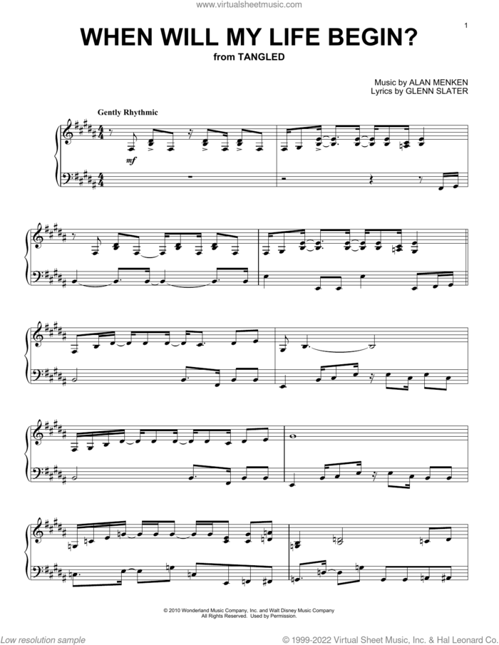When Will My Life Begin? (from Tangled), (intermediate) sheet music for piano solo by Mandy Moore, Alan Menken and Glenn Slater, intermediate skill level