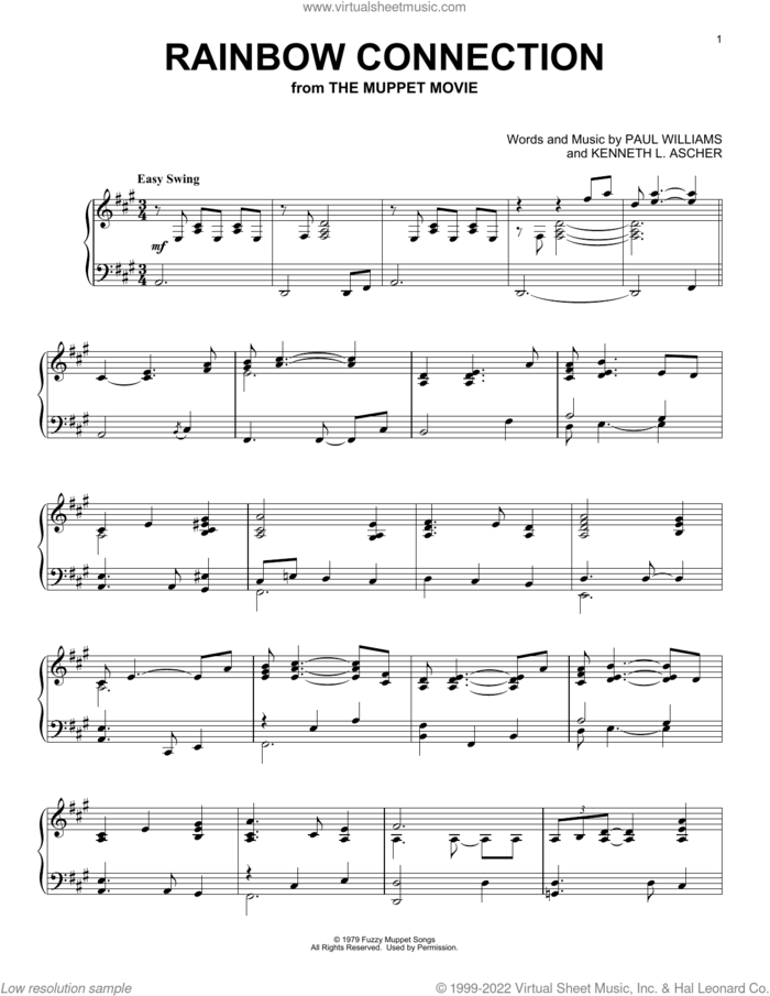 The Rainbow Connection sheet music for piano solo by Paul Williams and Kenneth L. Ascher, intermediate skill level