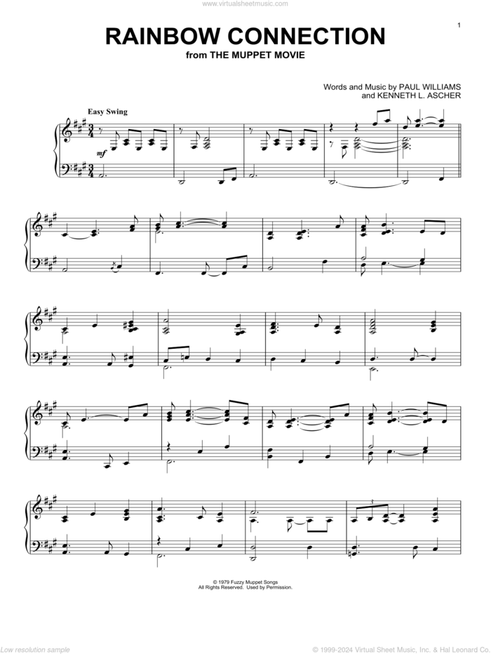 The Rainbow Connection sheet music for piano solo by Paul Williams and Kenneth L. Ascher, intermediate skill level