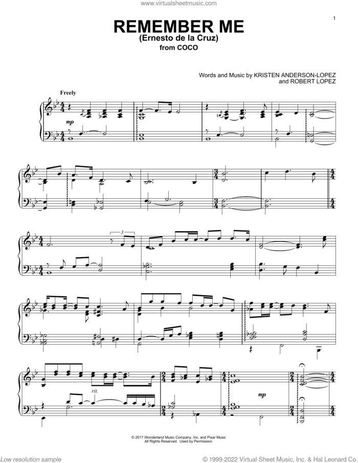 Remember Me (Ernesto de la Cruz) (from Coco) sheet music for piano solo by Kristen Anderson-Lopez & Robert Lopez, Kristen Anderson-Lopez and Robert Lopez, intermediate skill level