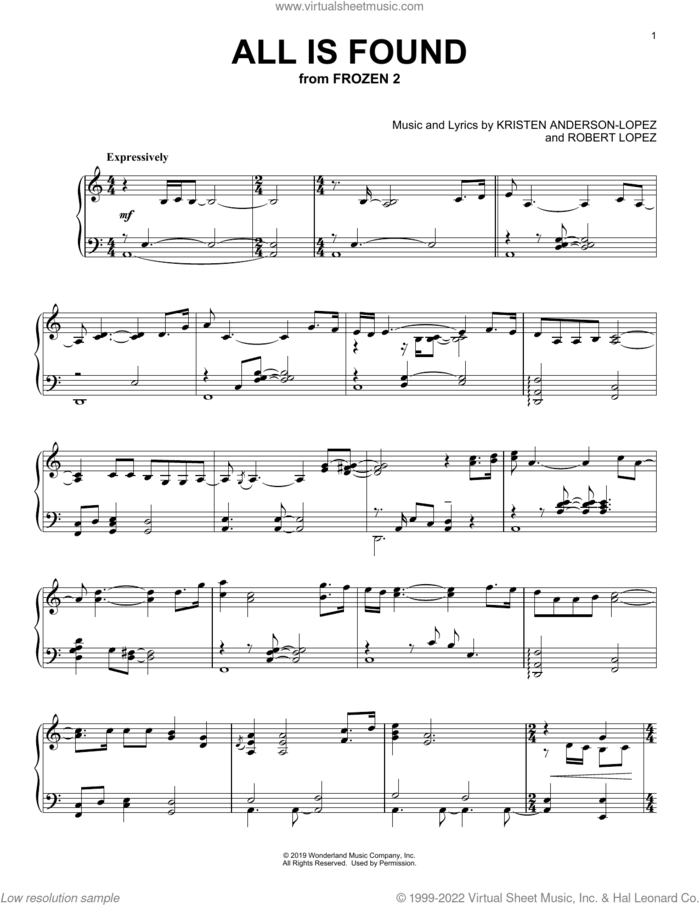 All Is Found (from Disney's Frozen 2) sheet music for piano solo by Evan Rachel Wood, Kristen Anderson-Lopez and Robert Lopez, intermediate skill level