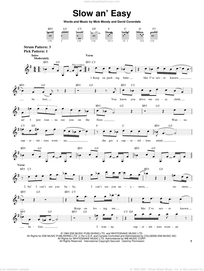 Slow An' Easy sheet music for guitar solo (chords) by Whitesnake, David Coverdale and Michael Moody, easy guitar (chords)