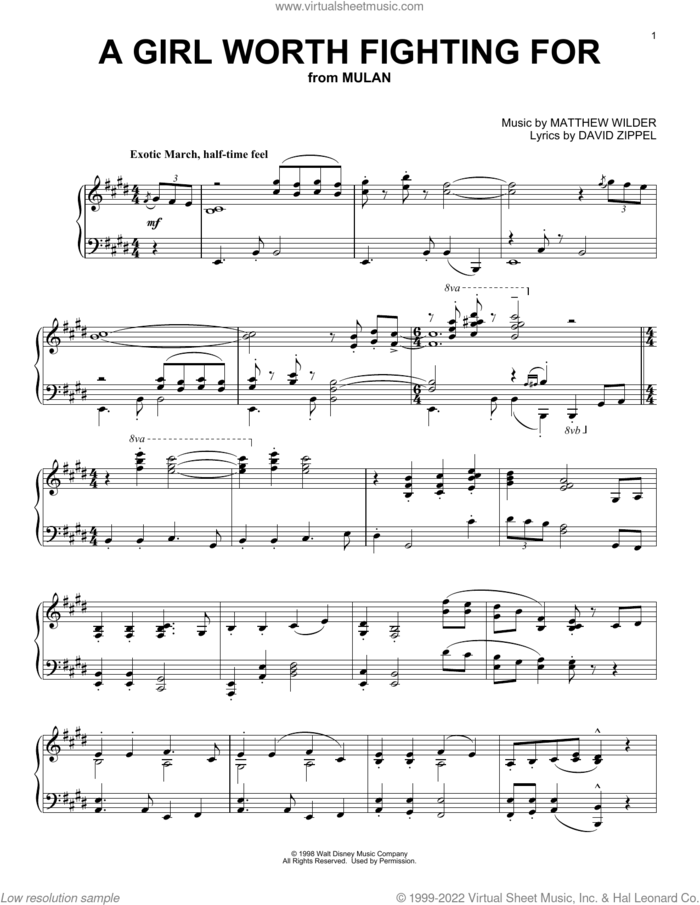 A Girl Worth Fighting For (from Mulan), (intermediate) sheet music for piano solo by David Zippel and Matthew Wilder, intermediate skill level