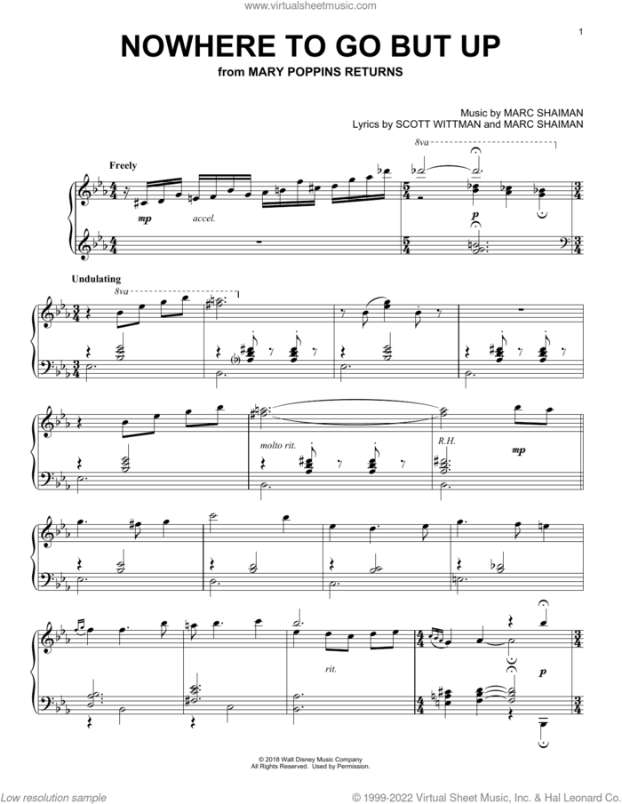 Nowhere To Go But Up (from Mary Poppin's Returns) sheet music for piano solo by Angela Lansbury & Company, Marc Shaiman and Scott Wittman, intermediate skill level