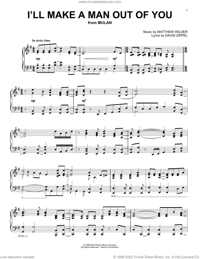 I'll Make A Man Out Of You (from Mulan) sheet music for piano solo by David Zippel and Matthew Wilder, intermediate skill level