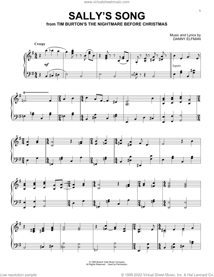 Sally's Song (from The Nightmare Before Christmas) sheet music for piano solo by Danny Elfman, intermediate skill level