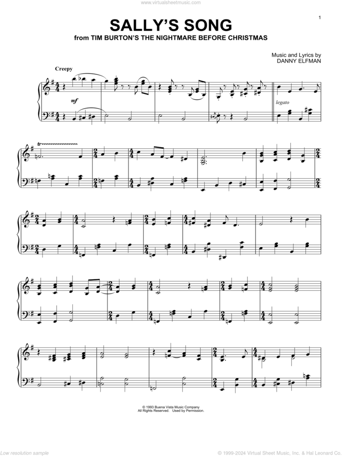 Sally's Song (from The Nightmare Before Christmas) sheet music for piano solo by Danny Elfman, intermediate skill level