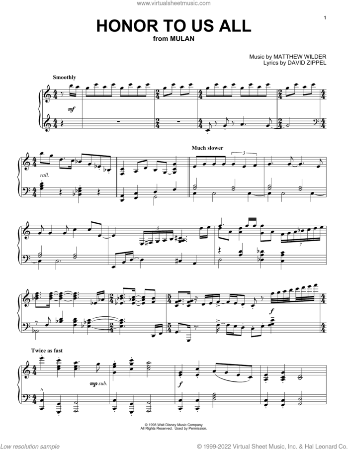Honor To Us All (from Mulan) sheet music for piano solo by David Zippel and Matthew Wilder, intermediate skill level