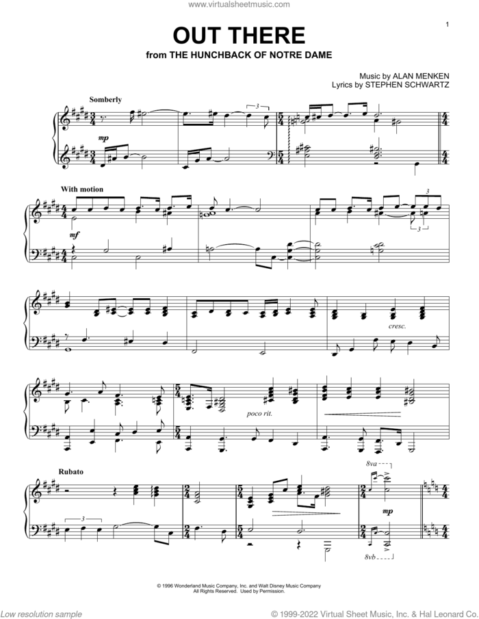 Out There (from Disney's The Hunchback Of Notre Dame) sheet music for piano solo by Alan Menken & Stephen Schwartz, Alan Menken and Stephen Schwartz, intermediate skill level