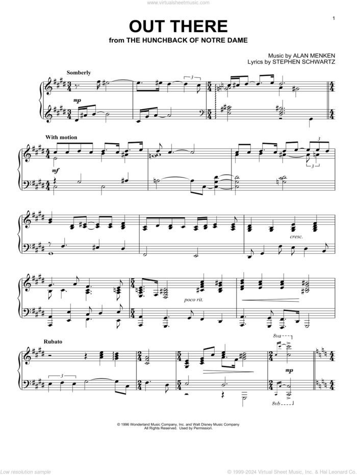 Out There (from Disney's The Hunchback Of Notre Dame) sheet music for piano solo by Alan Menken & Stephen Schwartz, Alan Menken and Stephen Schwartz, intermediate skill level