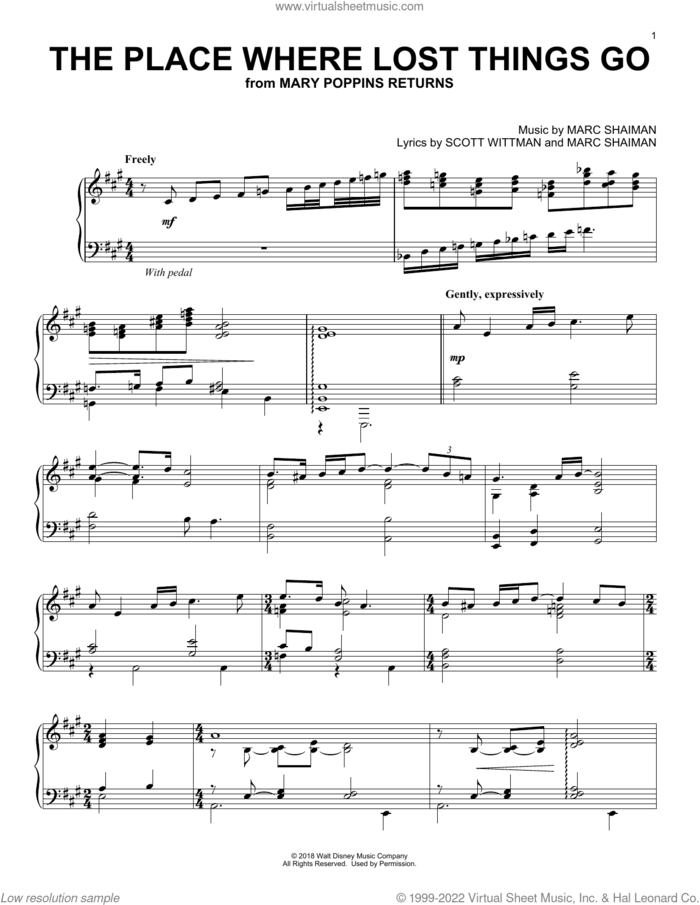 The Place Where Lost Things Go (from Mary Poppins Returns), (intermediate) sheet music for piano solo by Emily Blunt, Marc Shaiman and Scott Wittman, intermediate skill level