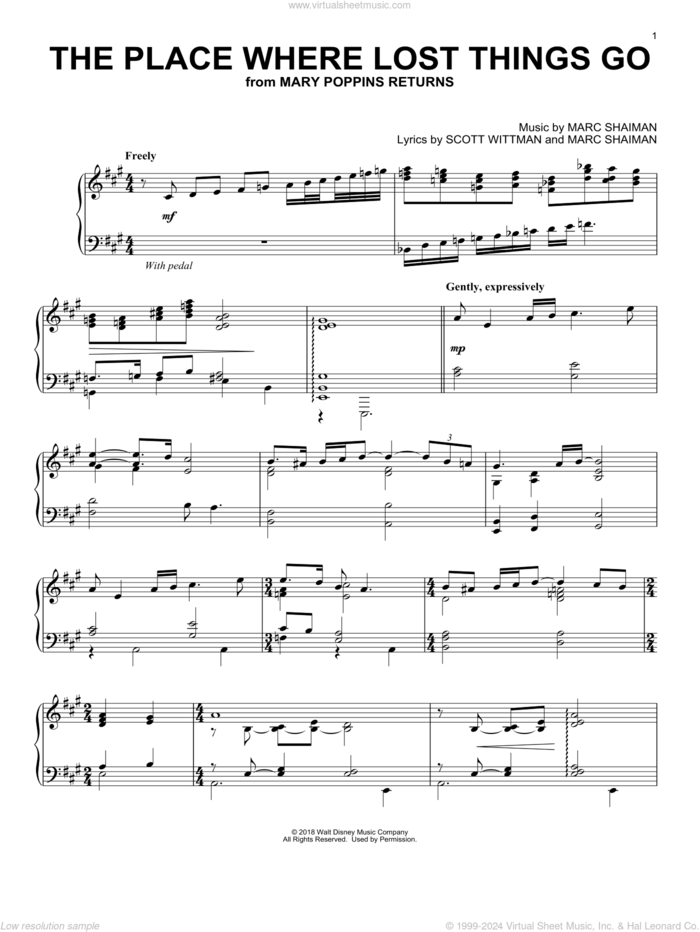 The Place Where Lost Things Go (from Mary Poppins Returns), (intermediate) sheet music for piano solo by Emily Blunt, Marc Shaiman and Scott Wittman, intermediate skill level