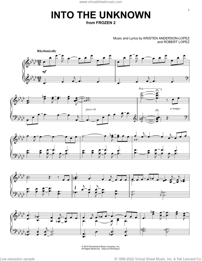 Into The Unknown (from Disney's Frozen 2) sheet music for piano solo by Idina Menzel and AURORA, Panic! At The Disco, Kristen Anderson-Lopez and Robert Lopez, intermediate skill level