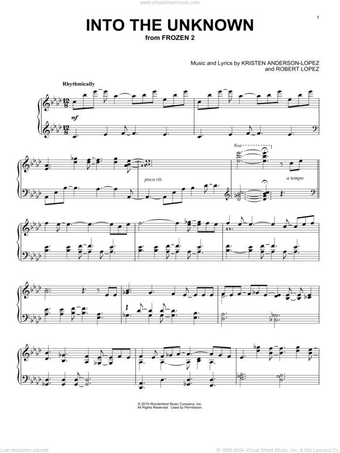 Into The Unknown (from Disney's Frozen 2) sheet music for piano solo by Idina Menzel and AURORA, Panic! At The Disco, Kristen Anderson-Lopez and Robert Lopez, intermediate skill level