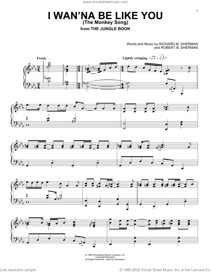 I Wan'na Be Like You (The Monkey Song) (from The Jungle Book) sheet music for piano solo by Sherman Brothers, Richard M. Sherman and Robert B. Sherman, intermediate skill level