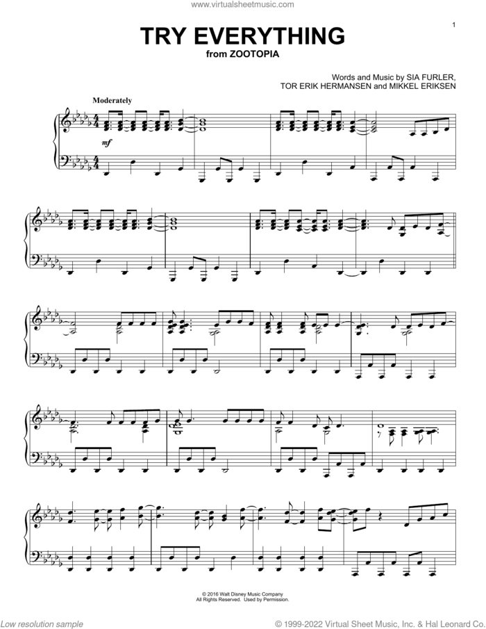 Try Everything (from Zootopia), (intermediate) sheet music for piano solo by Shakira, Mikkel Eriksen, Sia Furler and Tor Erik Hermansen, intermediate skill level